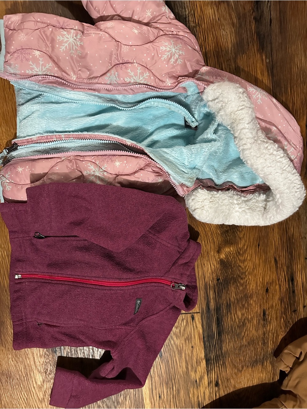 Pink Snowflake Puffer Jacket with Light Blue Faux Fur Lining and Columbia fleece